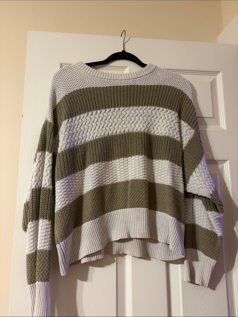 Striped Crewneck Sweater - Olive Green & Cream